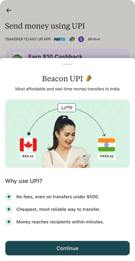 Beacon UPI interface showing how to send money from Canada to India using UPI with no fees, fast transfers, and the best CAD to INR conversion rates.